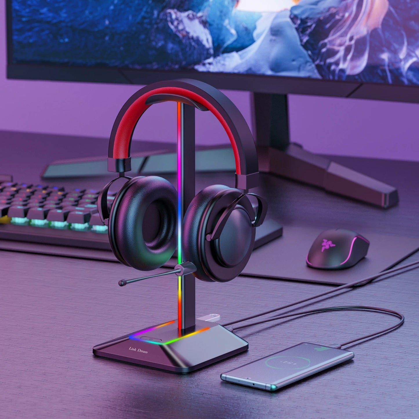 SUPPORT CASQUE GAMING RGB NEW BEE Z8 AVEC 2 USB – BASE ANTIDÉRAPANTE